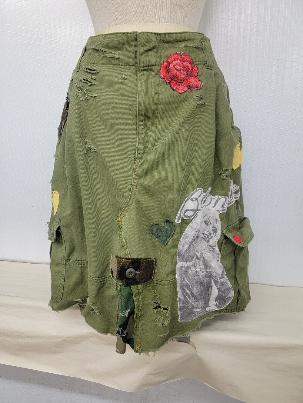 Blondie Olive Green Patchwork Cargo Skirt with Embroidered Rose-Upcycled